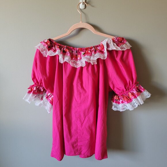 Vintage ruffled pink blouse lace and ribbon trim, Square Dancing Top - Picture 12 of 13